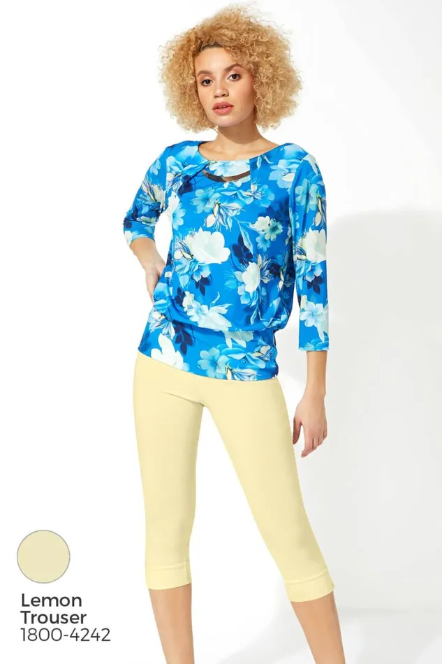 Women Blue Necklace Trim Floral Print Blouson Top Roman Tops