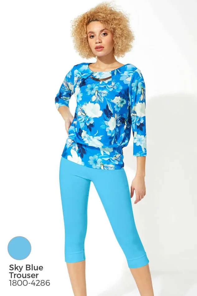 Women Blue Necklace Trim Floral Print Blouson Top Roman Tops