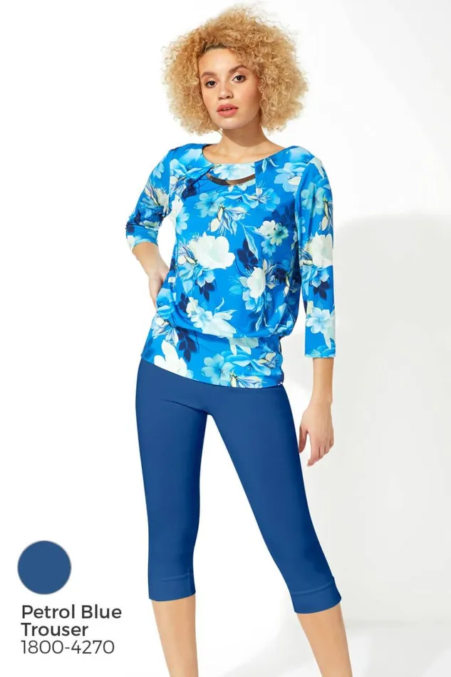 Women Blue Necklace Trim Floral Print Blouson Top Roman Tops