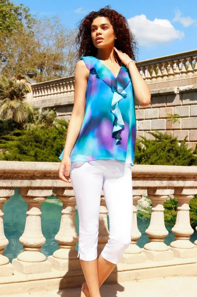 Women Blue Ombre Print VNeck Ruffle Front Top Roman Tops
