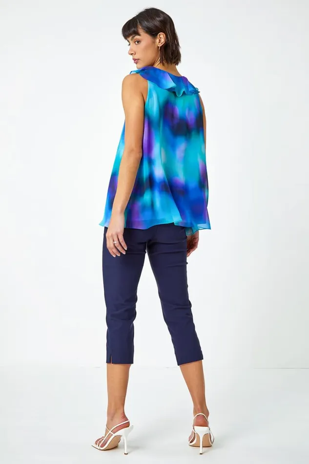 Women Blue Ombre Print VNeck Ruffle Front Top Roman Tops