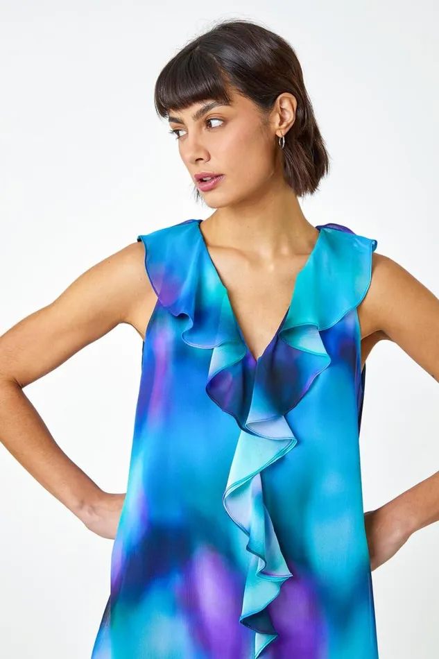 Women Blue Ombre Print VNeck Ruffle Front Top Roman Tops