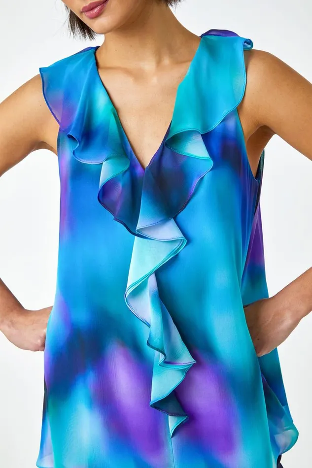 Women Blue Ombre Print VNeck Ruffle Front Top Roman Tops