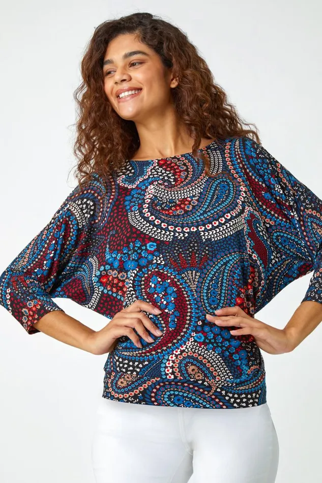 Women Blue Paisley Floral Stretch Blouson Top Roman Tops