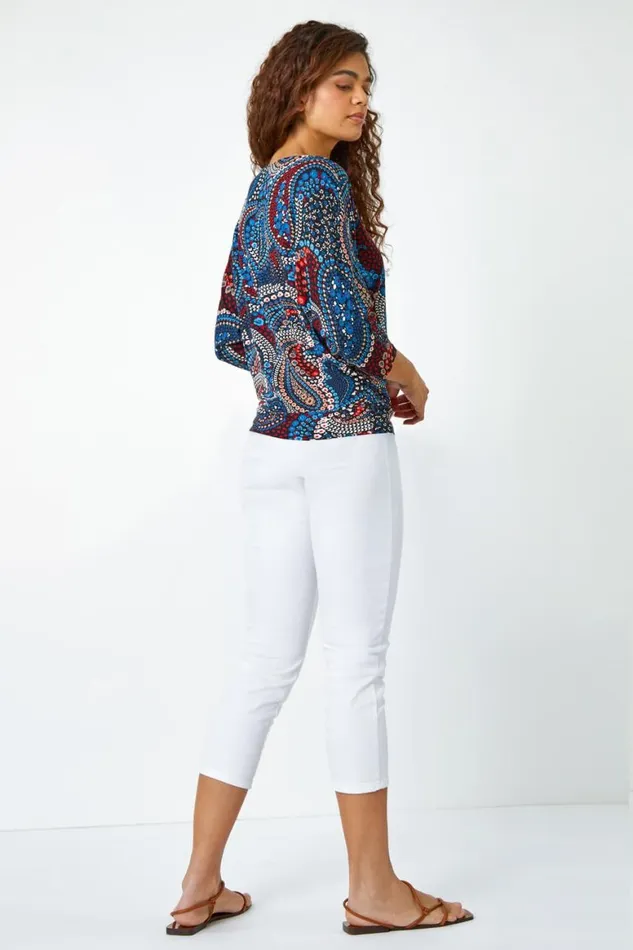 Women Blue Paisley Floral Stretch Blouson Top Roman Tops