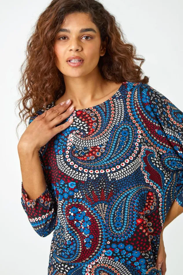 Women Blue Paisley Floral Stretch Blouson Top Roman Tops