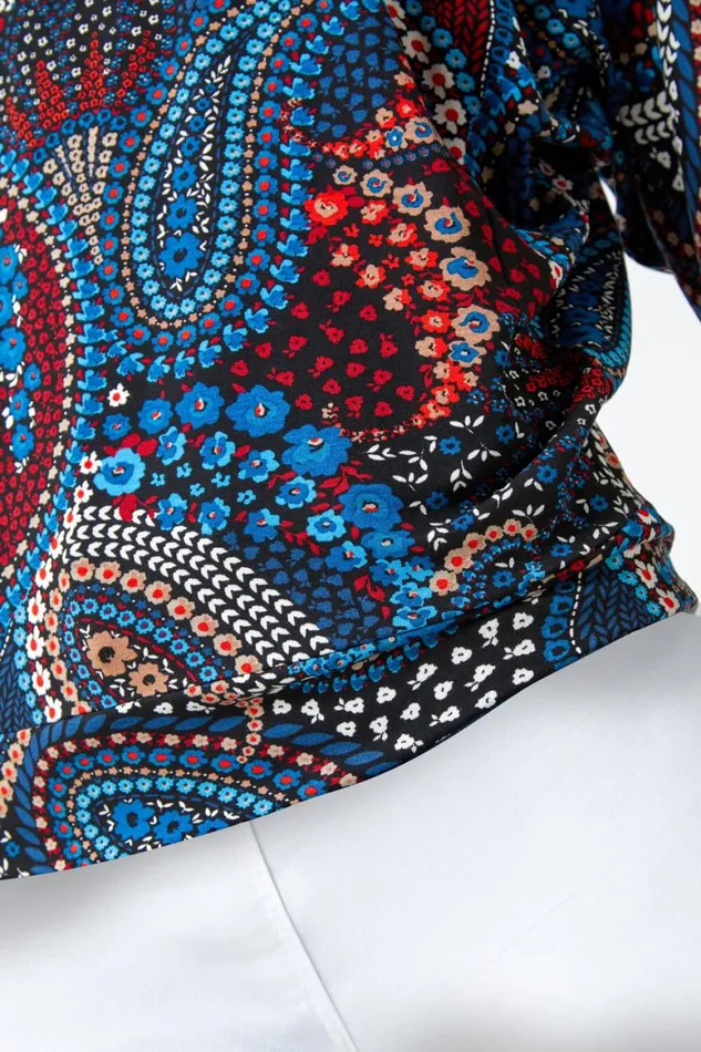Women Blue Paisley Floral Stretch Blouson Top Roman Tops