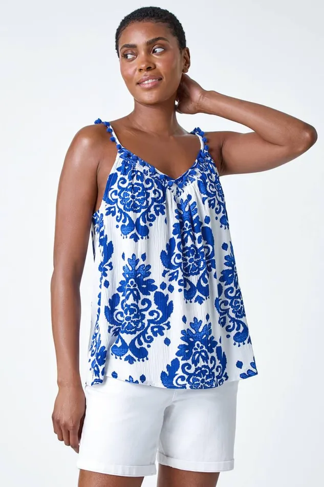 Women Blue Paisley Pom Pom Trim Crinkle Vest Top Roman Tops
