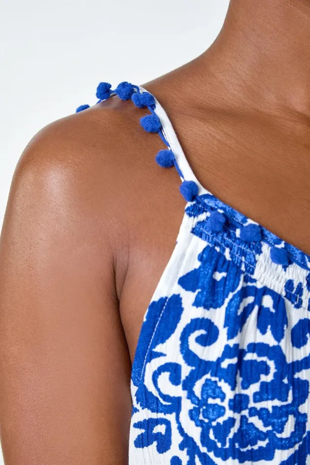 Women Blue Paisley Pom Pom Trim Crinkle Vest Top Roman Tops