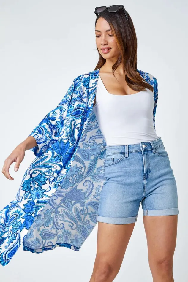 Women Blue Paisley Print Longline Kimono Roman Tops