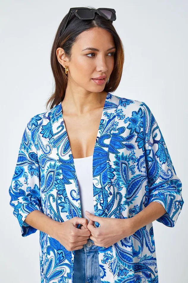 Women Blue Paisley Print Longline Kimono Roman Tops