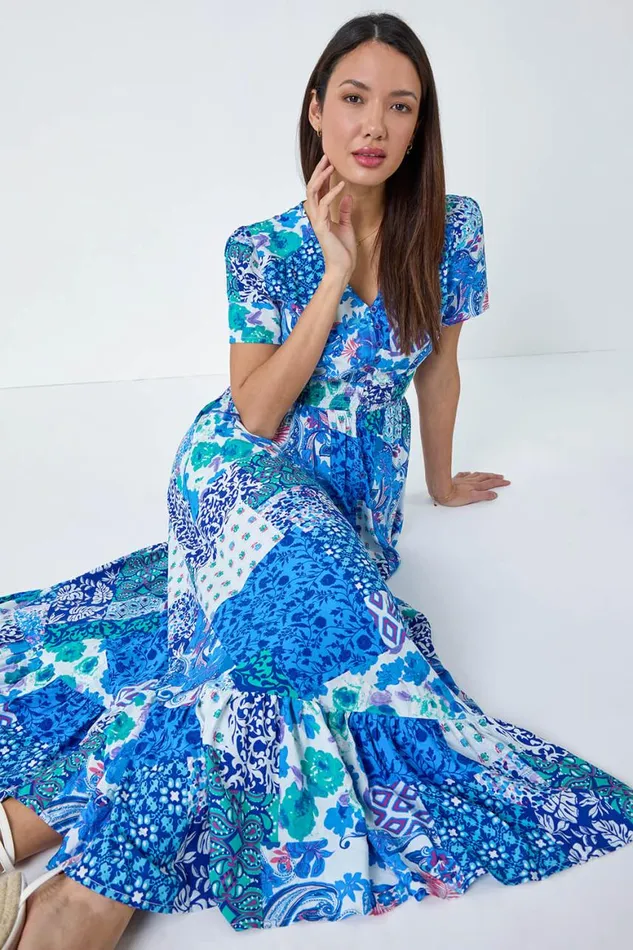 Women Blue Patchwork Paisley Frilled Hem Maxi Dress Roman Dresses