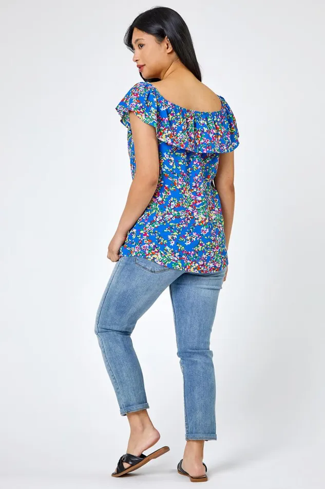 Women Blue Petite Ditsy Floral Bardot Top Roman Tops