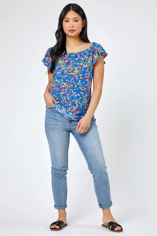 Women Blue Petite Ditsy Floral Bardot Top Roman Tops