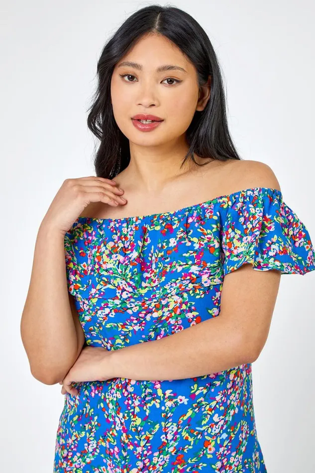 Women Blue Petite Ditsy Floral Bardot Top Roman Tops