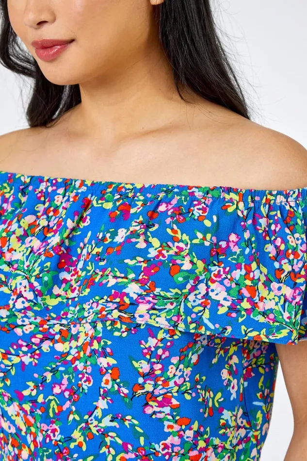 Women Blue Petite Ditsy Floral Bardot Top Roman Tops