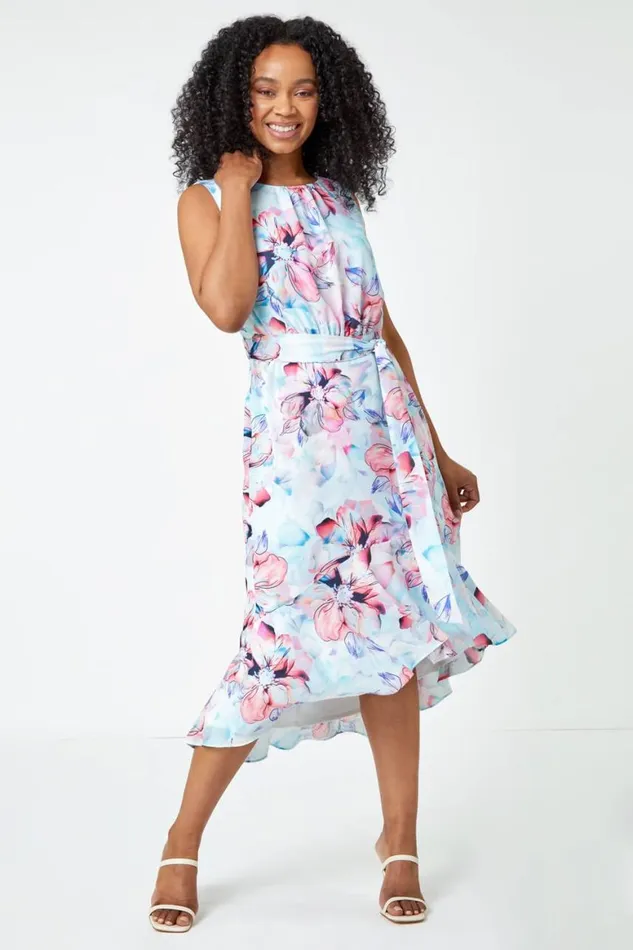 Women Blue Petite Floral Chiffon Frill Hem Dress Roman Dresses
