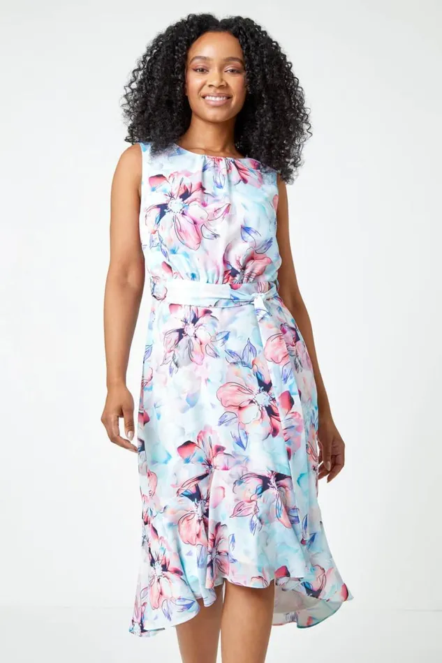 Women Blue Petite Floral Chiffon Frill Hem Dress Roman Dresses