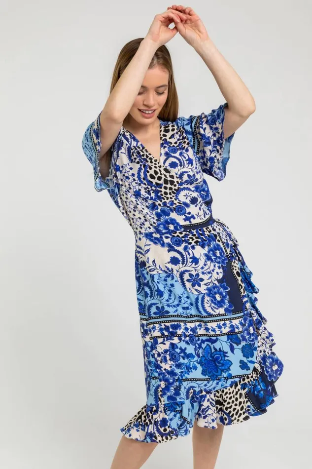 Women Blue Petite Floral Contrast Print Wrap Dress Roman Dresses