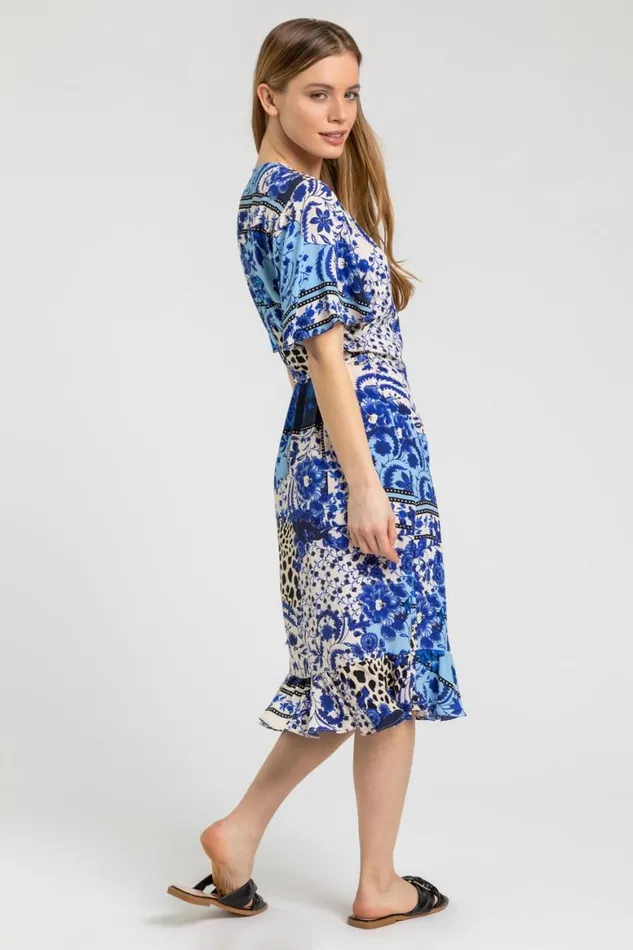 Women Blue Petite Floral Contrast Print Wrap Dress Roman Dresses
