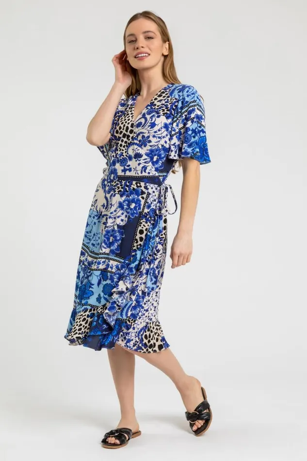 Women Blue Petite Floral Contrast Print Wrap Dress Roman Dresses