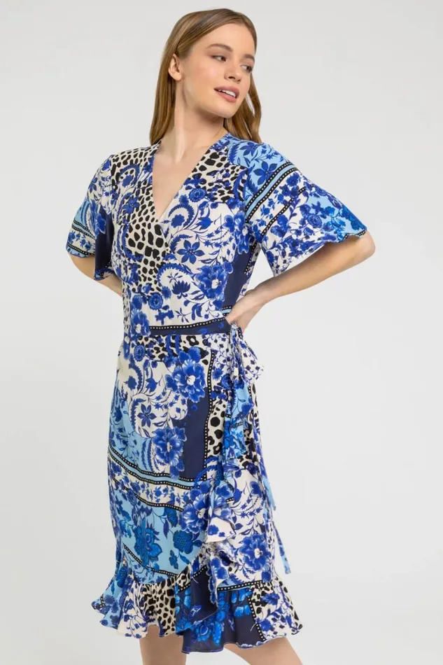 Women Blue Petite Floral Contrast Print Wrap Dress Roman Dresses