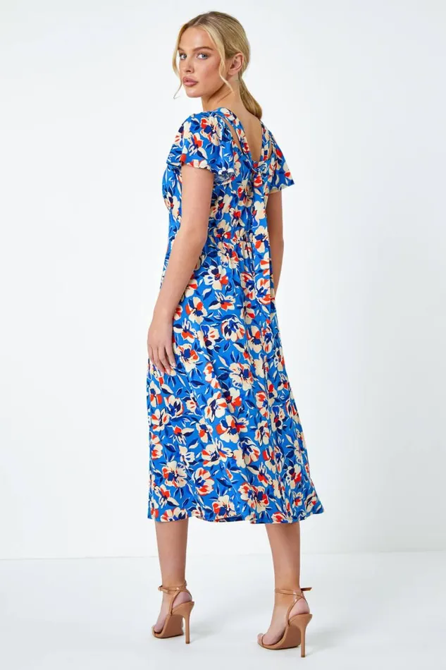 Women Blue Petite Floral Print Midi Stretch Dress Roman Dresses