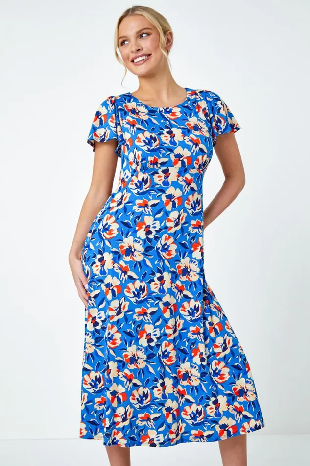 Women Blue Petite Floral Print Midi Stretch Dress Roman Dresses