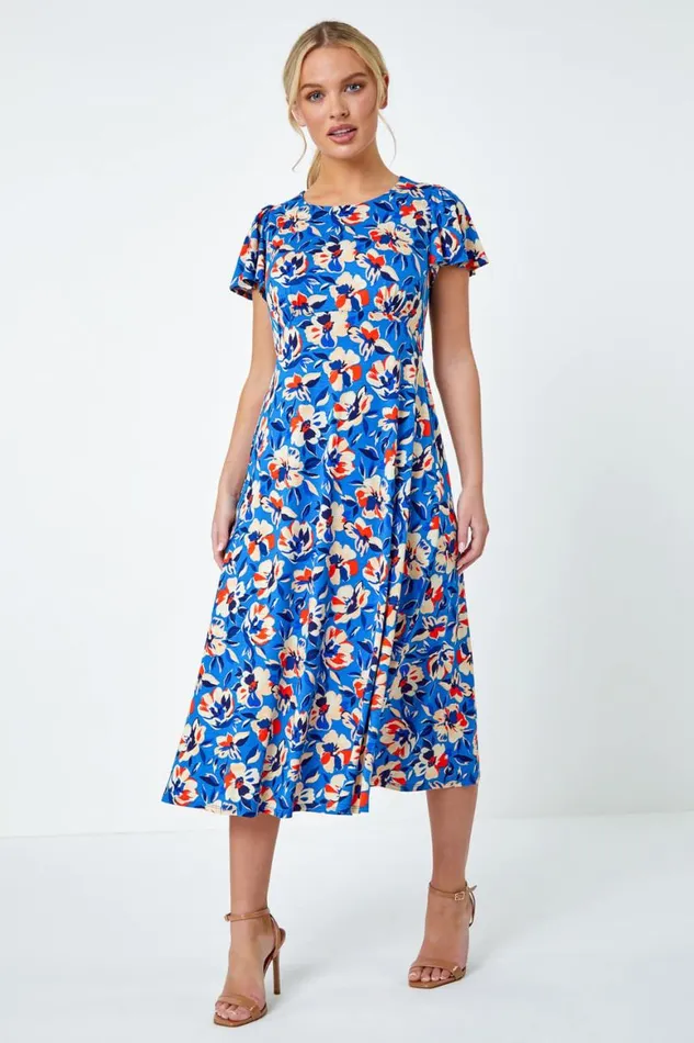 Women Blue Petite Floral Print Midi Stretch Dress Roman Dresses