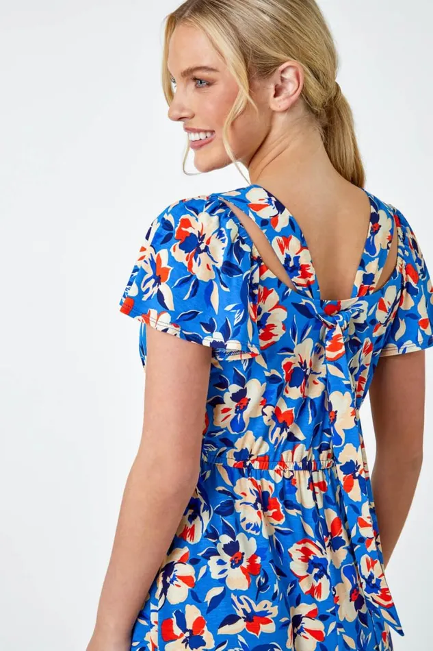 Women Blue Petite Floral Print Midi Stretch Dress Roman Dresses