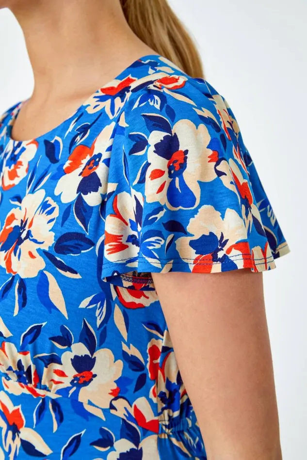 Women Blue Petite Floral Print Midi Stretch Dress Roman Dresses