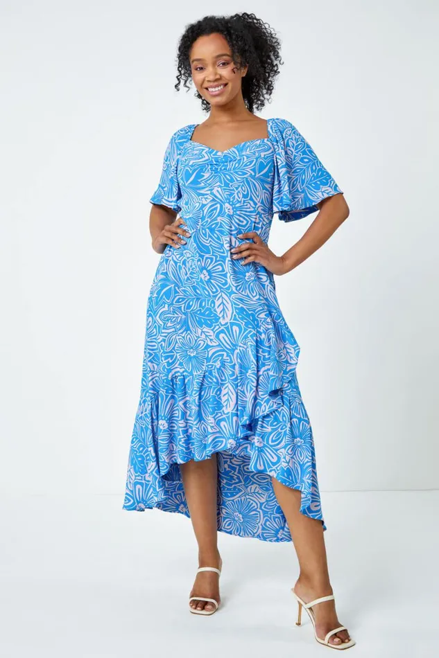 Women Blue Petite Floral Print Ruched Midi Dress Roman Dresses