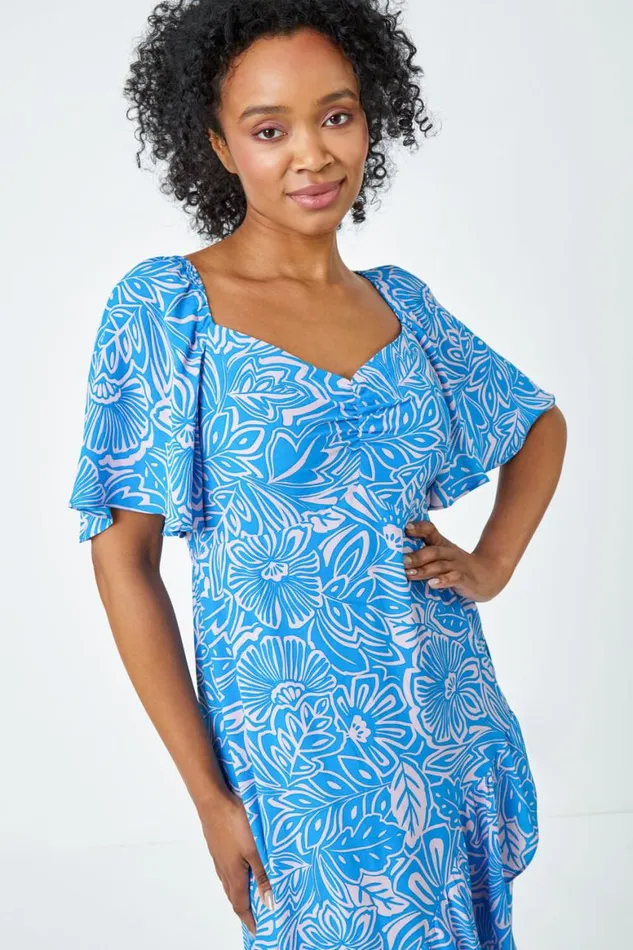 Women Blue Petite Floral Print Ruched Midi Dress Roman Dresses