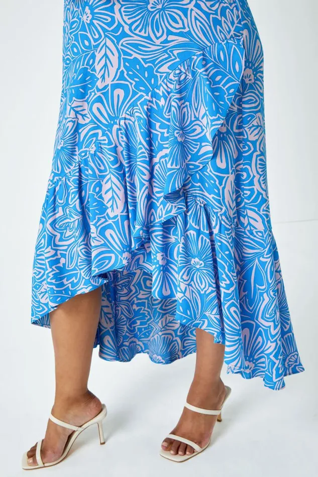 Women Blue Petite Floral Print Ruched Midi Dress Roman Dresses