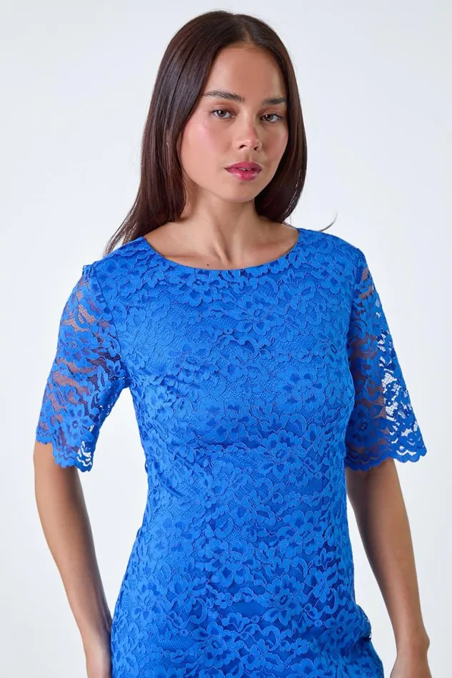 Women Blue Petite Lace Overlay Shift Dress Roman Dresses