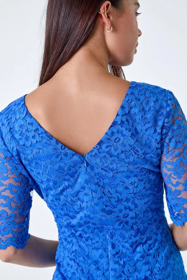 Women Blue Petite Lace Overlay Shift Dress Roman Dresses