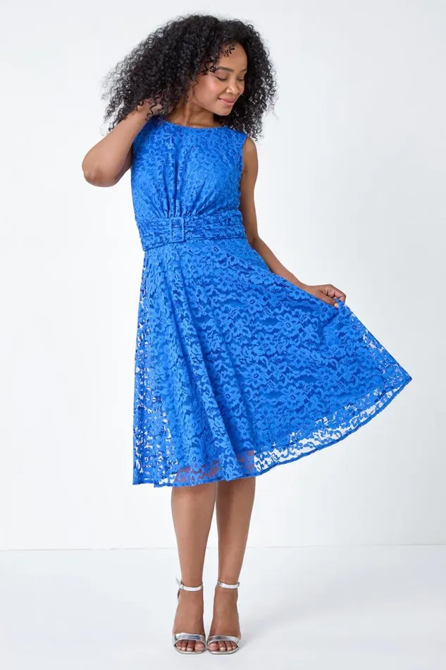Women Blue Petite Lace Shimmer Belted Midi Dress Roman Dresses