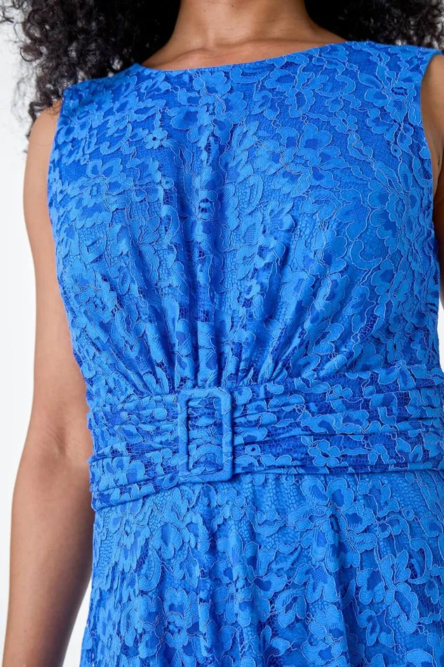 Women Blue Petite Lace Shimmer Belted Midi Dress Roman Dresses