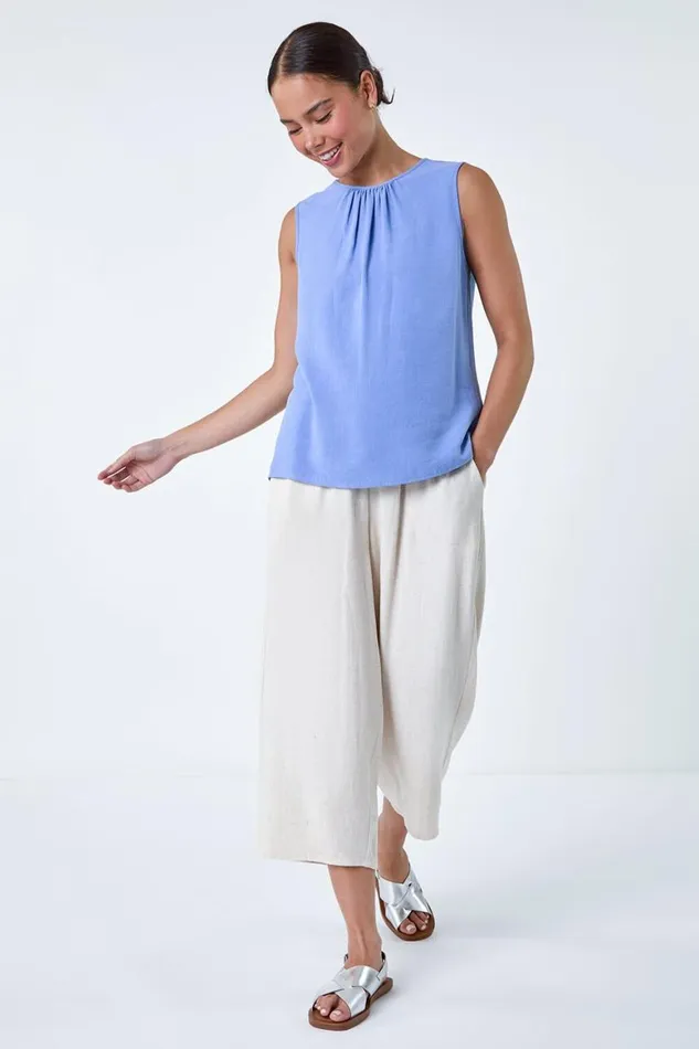 Women Blue Petite Plain Sleeveless Top Roman Tops