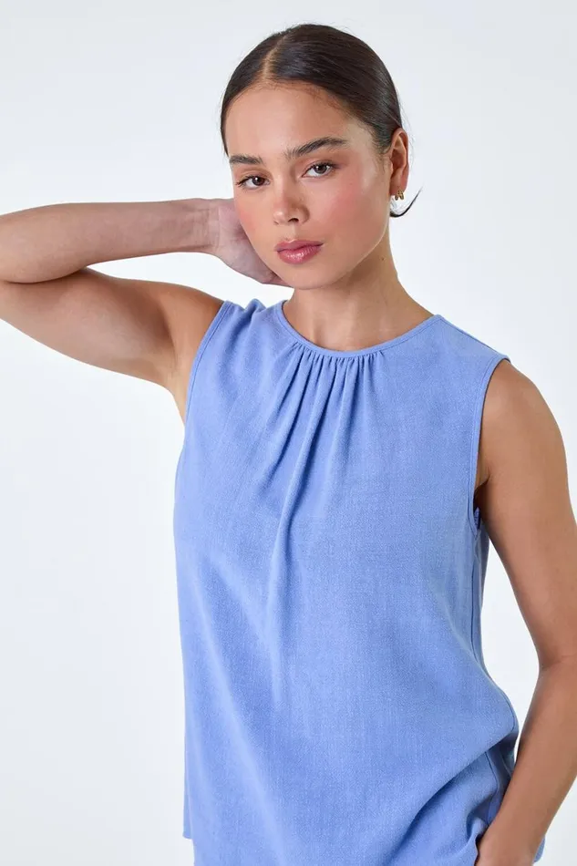 Women Blue Petite Plain Sleeveless Top Roman Tops