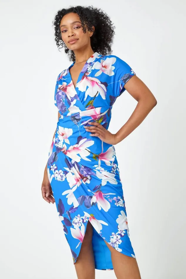 Women Blue Petite Ruched Floral Wrap Dress Roman Dresses