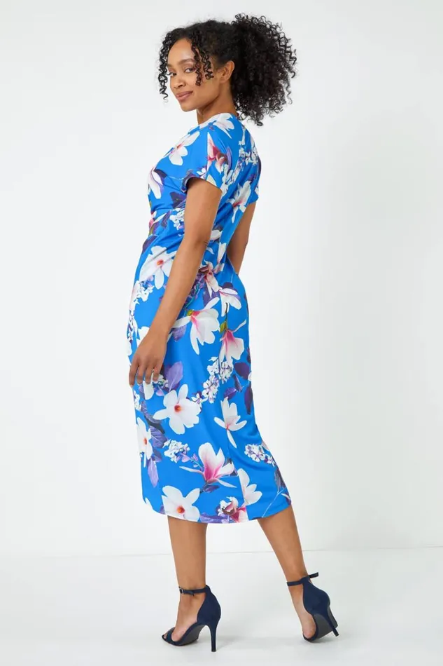 Women Blue Petite Ruched Floral Wrap Dress Roman Dresses