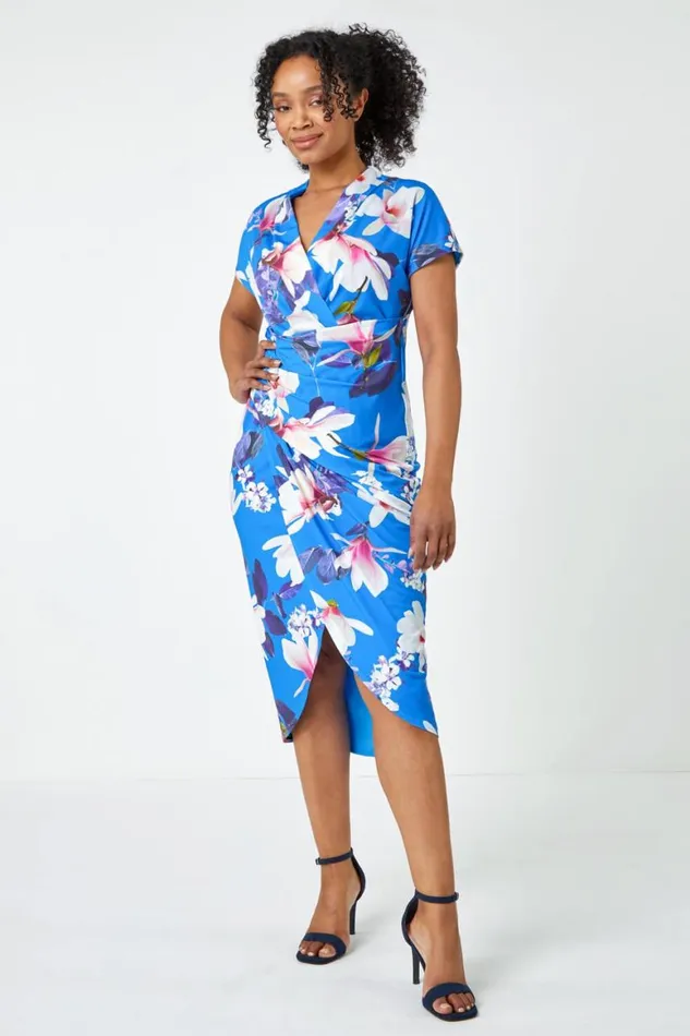 Women Blue Petite Ruched Floral Wrap Dress Roman Dresses