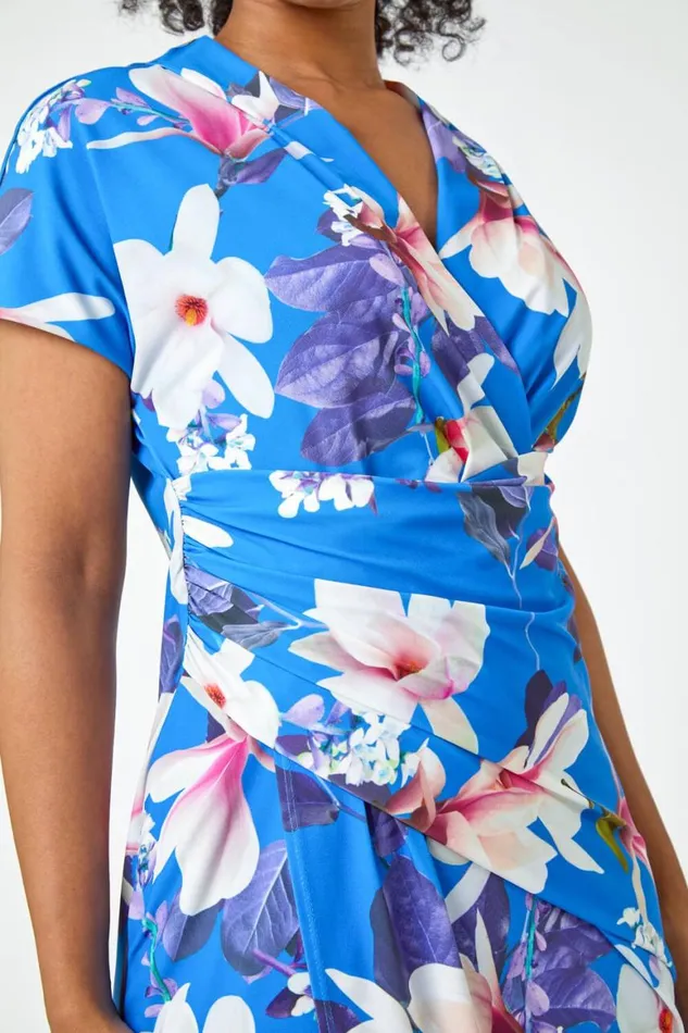 Women Blue Petite Ruched Floral Wrap Dress Roman Dresses