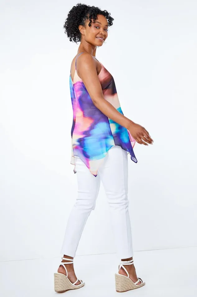 Women Blue Petite Tie Dye Hanky Hem Top Roman Tops