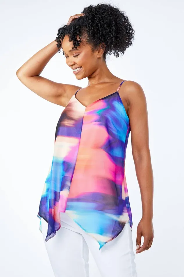 Women Blue Petite Tie Dye Hanky Hem Top Roman Tops