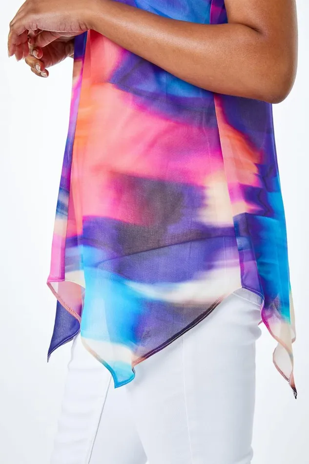 Women Blue Petite Tie Dye Hanky Hem Top Roman Tops