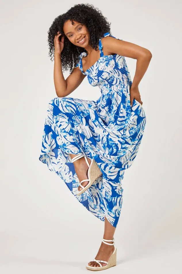 Women Blue Petite Tropical Print Shirred Maxi Dress Roman Dresses
