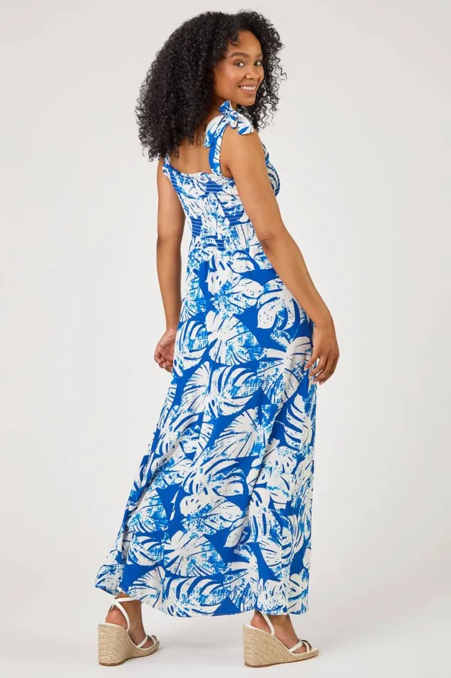 Women Blue Petite Tropical Print Shirred Maxi Dress Roman Dresses