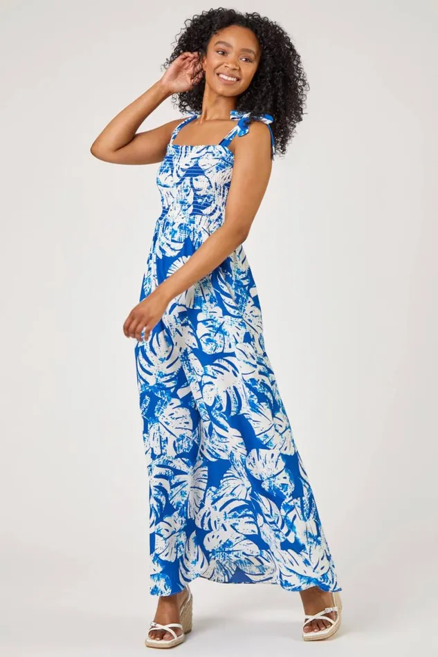 Women Blue Petite Tropical Print Shirred Maxi Dress Roman Dresses